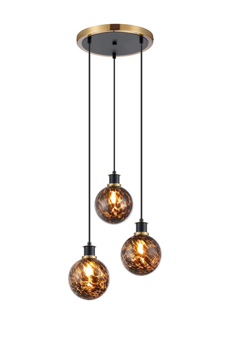 Stevens 38cm Round Pendant, 3 Light E14 With 15cm Round Brown & Amber Tortoise Shell Glass Shade, Brass & Satin Black