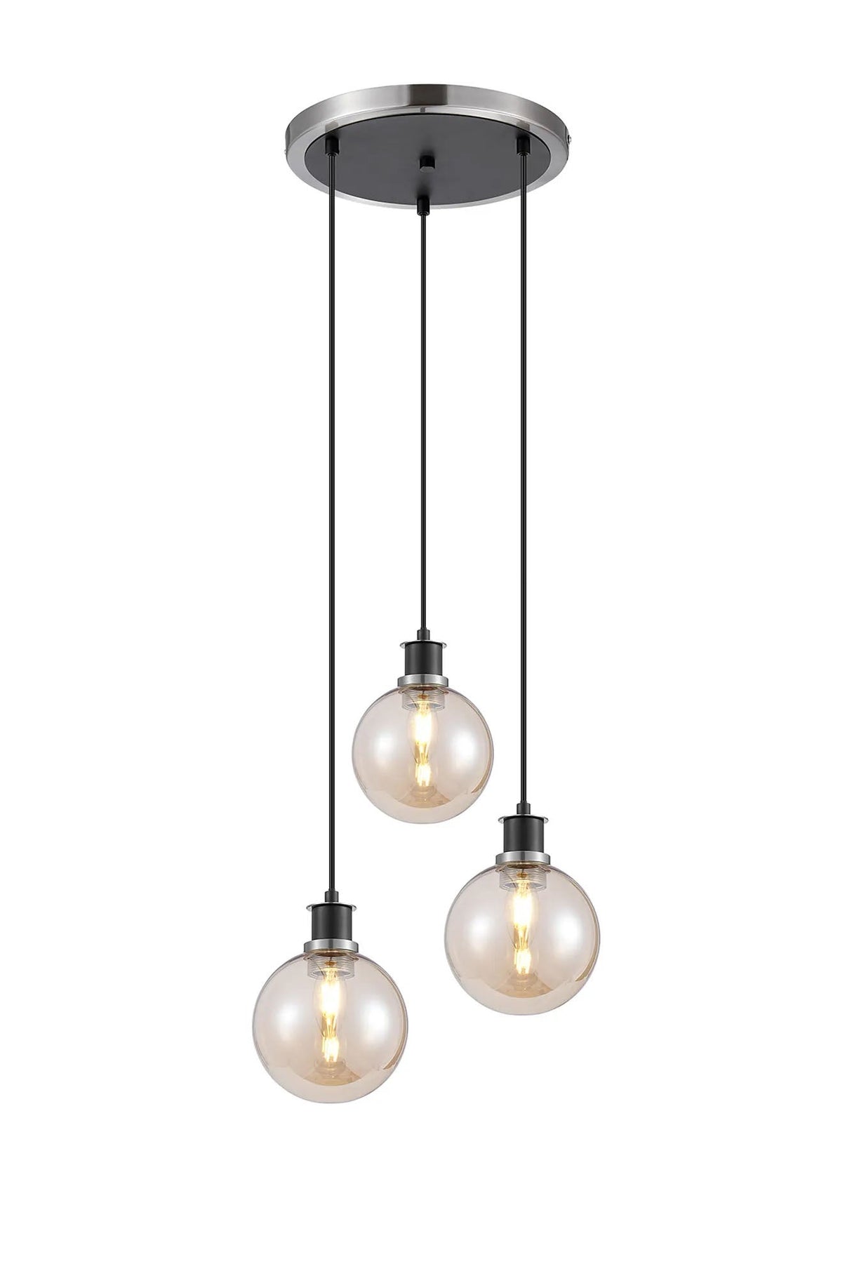 Stevens 1.3m Round Pendant, 3 x E14 With 15cm Round Glass Shade, Satin Nickel, Amber Plated & Satin Black