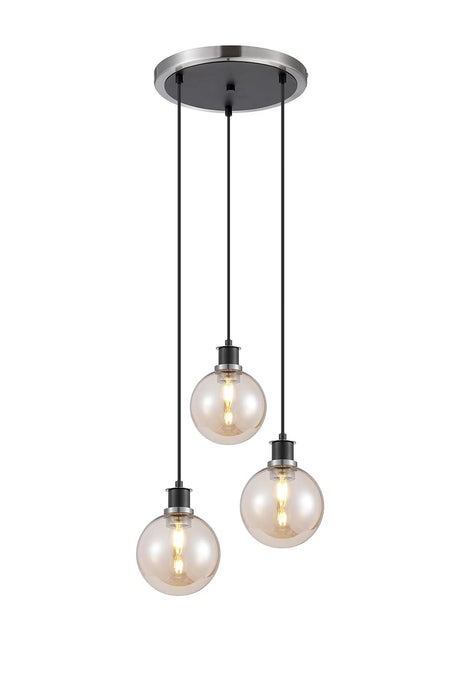 Stevens 1.3m Round Pendant, 3 x E14 With 15cm Round Glass Shade, Satin Nickel, Amber Plated & Satin Black