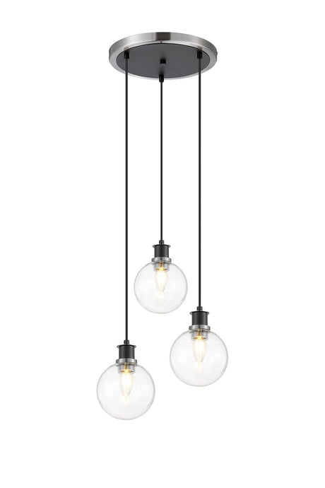 Stevens 1.3m Round Pendant, 3 x E14 With 15cm Round Glass Shade, Satin Nickel, Clear & Satin Black