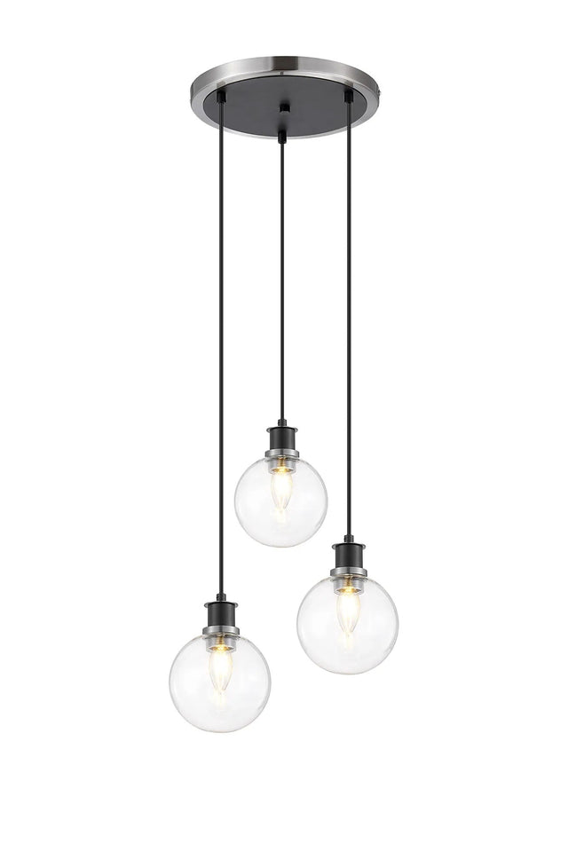 Stevens 1.3m Round Pendant, 3 x E14 With 15cm Round Glass Shade, Satin Nickel, Clear & Satin Black