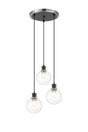 Stevens 1.3m Round Pendant, 3 x E14 With 15cm Round Glass Shade, Satin Nickel, Clear & Satin Black