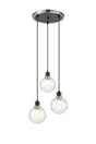 Stevens 1.3m Round Pendant, 3 x E14 With 15cm Round Crackled Glass Shade, Satin Nickel, Clear & Satin Black