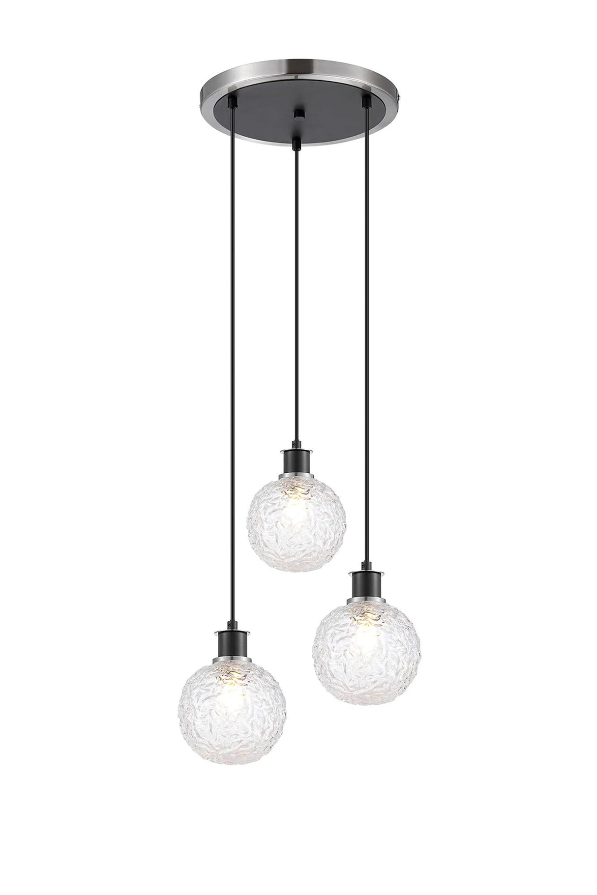 Stevens 1.3m Round Pendant, 3 x E14 With 15cm Round Textured Crumple Glass Shade, Satin Nickel, Clear & Satin Black