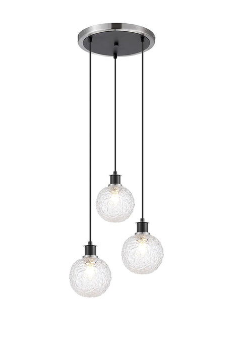 Stevens 1.3m Round Pendant, 3 x E14 With 15cm Round Textured Crumple Glass Shade, Satin Nickel, Clear & Satin Black