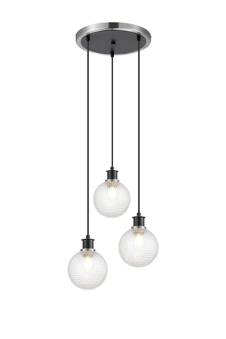 Stevens 1.3m Round Pendant, 3 x E14 With 15cm Round Textured Diamond Pattern Glass Shade, Satin Nickel, Clear & Satin Black