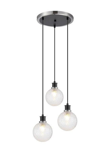 Stevens 1.3m Round Pendant, 3 x E14 With 15cm Round Dimpled Glass Shade, Satin Nickel, Clear & Satin Black