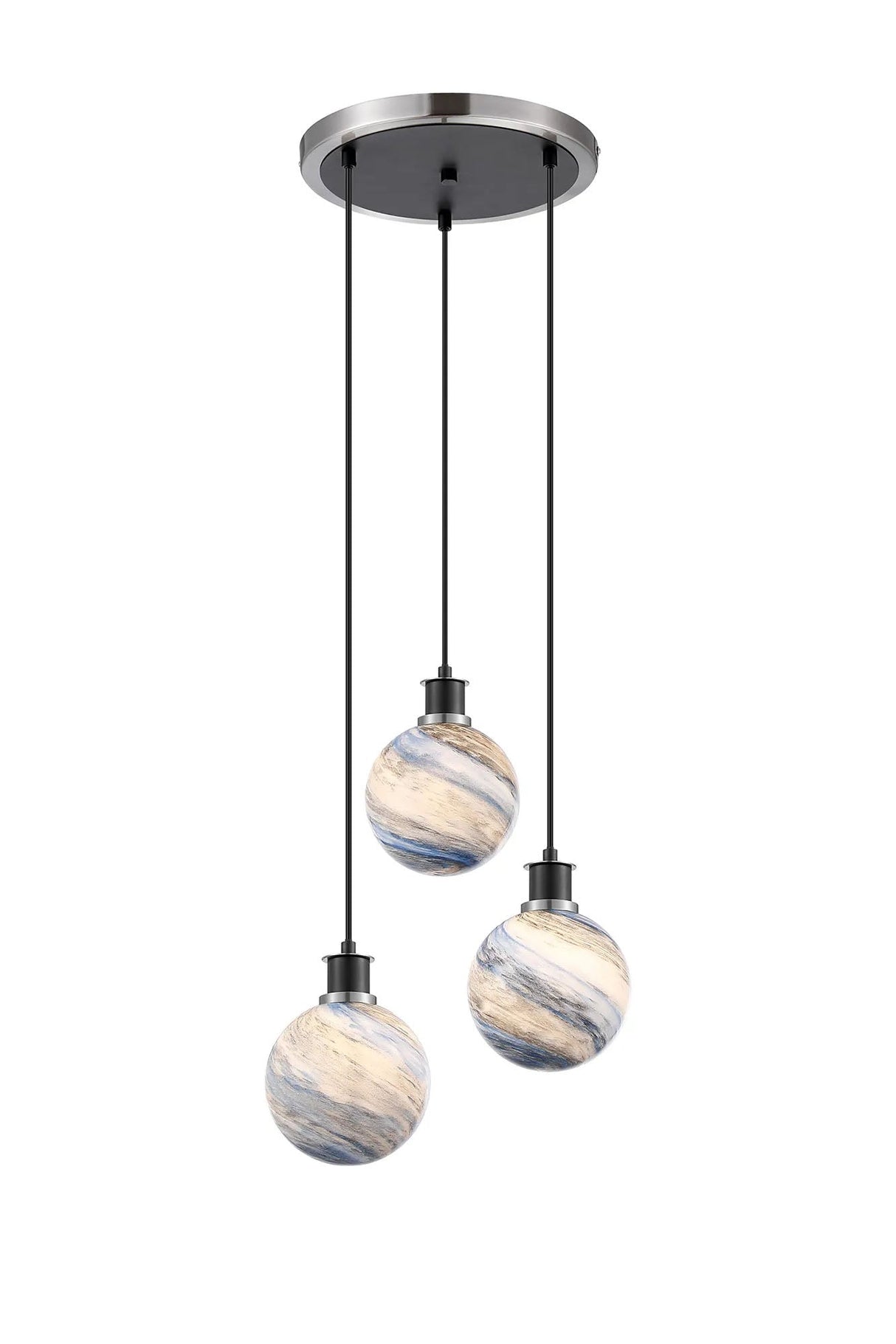 Stevens 38cm Round Pendant, 3 Light E14 With 15cm Round Dark Blue Marble Effect Glass Shade, Satin Nickel & Satin Black Framework