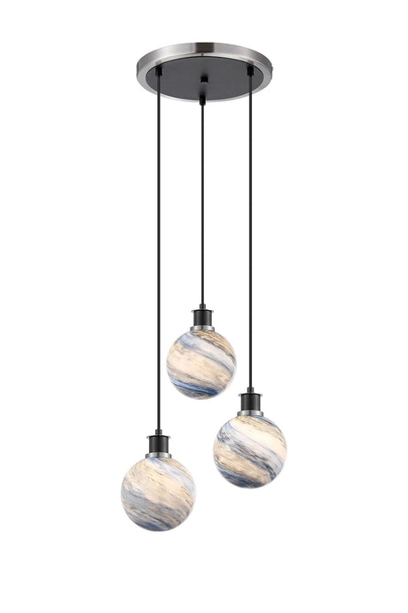 Stevens 38cm Round Pendant, 3 Light E14 With 15cm Round Dark Blue Marble Effect Glass Shade, Satin Nickel & Satin Black Framework