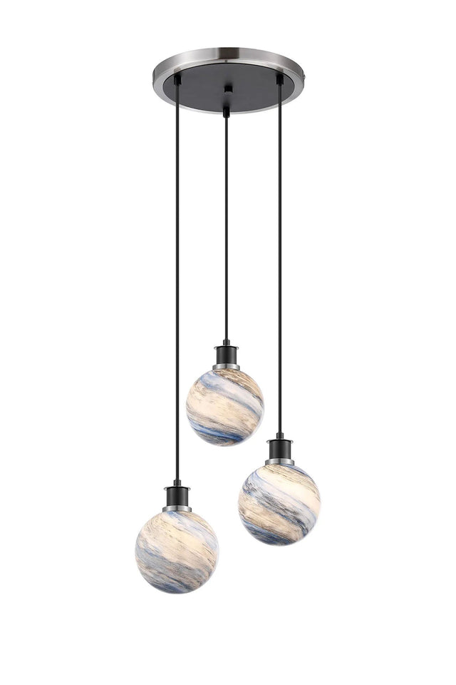 Stevens 38cm Round Pendant, 3 Light E14 With 15cm Round Dark Blue Marble Effect Glass Shade, Satin Nickel & Satin Black Framework