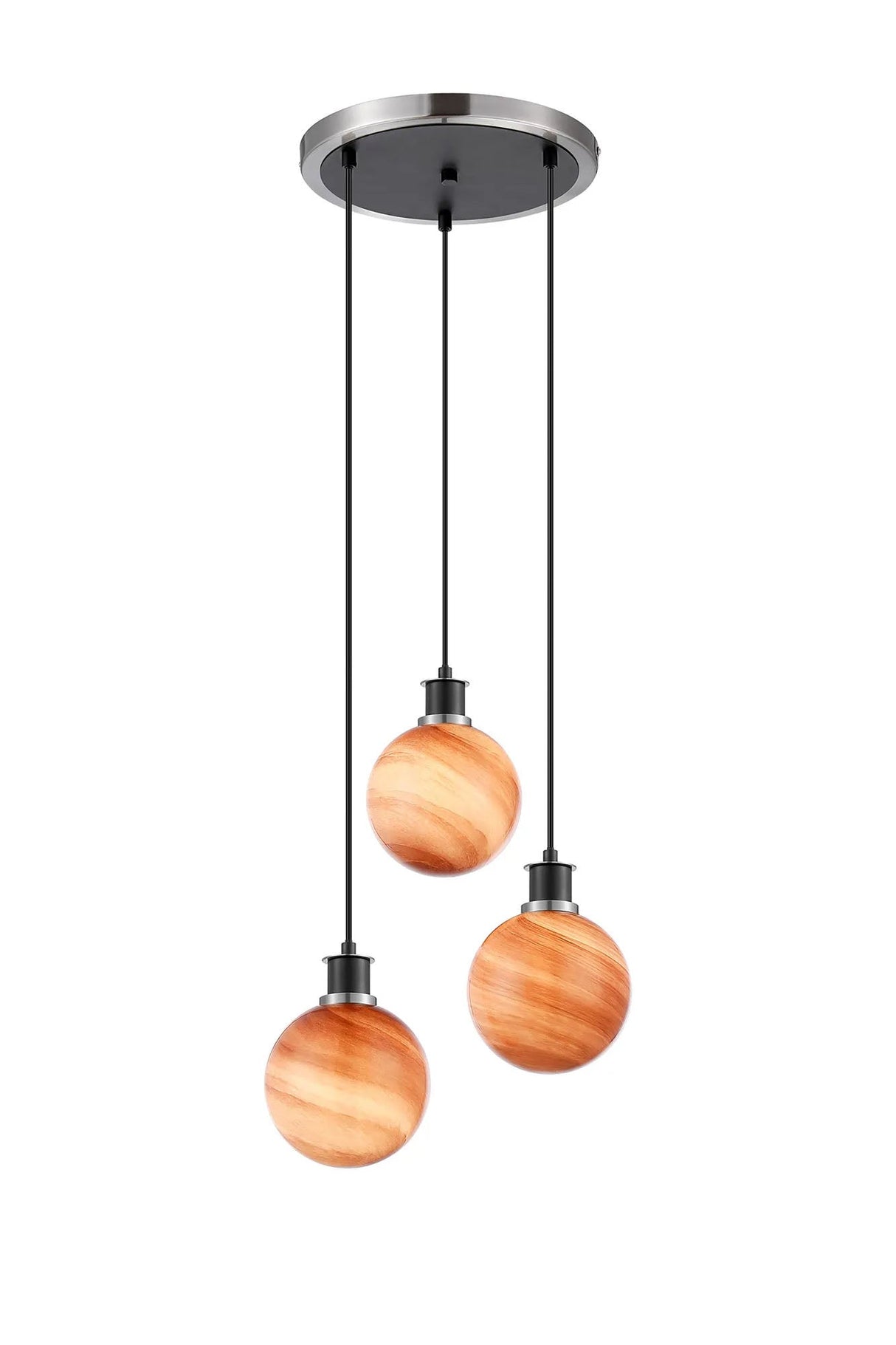 Stevens 38cm Round Pendant, 3 Light E14 With 15cm Round Dark Pink Marble Effect Glass Shade, Satin Nickel & Satin Black Framework