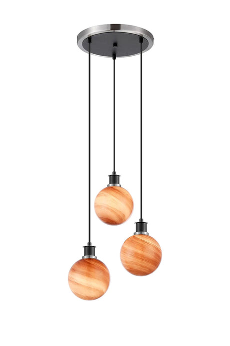 Stevens 38cm Round Pendant, 3 Light E14 With 15cm Round Dark Pink Marble Effect Glass Shade, Satin Nickel & Satin Black Framework