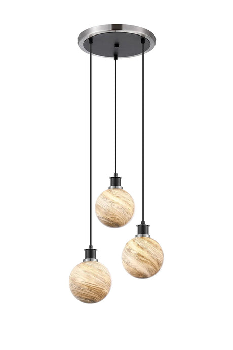 Stevens 38cm Round Pendant, 3 Light E14 With 15cm Round Light Grey Marble Effect Glass Shade, Satin Nickel & Satin Black Framework