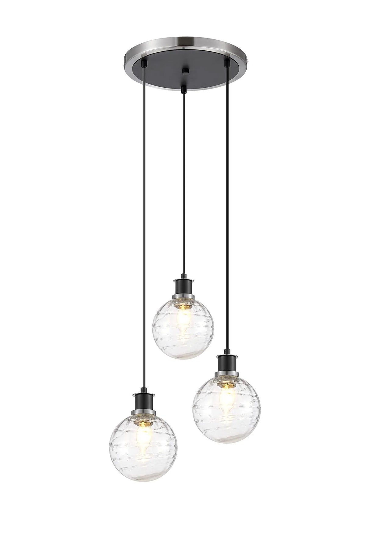 Stevens 1.3m Round Pendant, 3 x E14 With 15cm Round Textured Melting Glass Shade, Satin Nickel, Clear & Satin Black