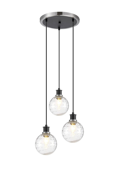 Stevens 1.3m Round Pendant, 3 x E14 With 15cm Round Textured Melting Glass Shade, Satin Nickel, Clear & Satin Black