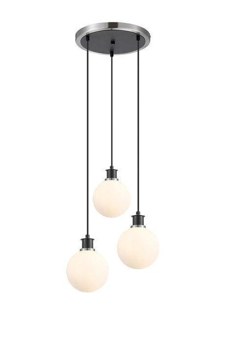 Stevens 1.3m Round Pendant, 3 x E14 With 15cm Round Glass Shade, Satin Nickel, Opal & Satin Black
