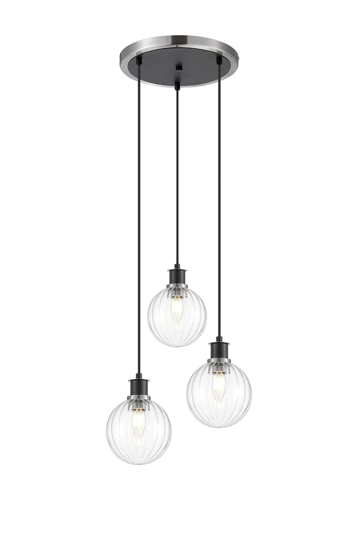 Stevens 1.3m Round Pendant, 3 x E14 With 15cm Round Segment Glass Shade, Satin Nickel, Clear & Satin Black