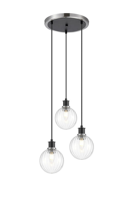Stevens 1.3m Round Pendant, 3 x E14 With 15cm Round Segment Glass Shade, Satin Nickel, Clear & Satin Black