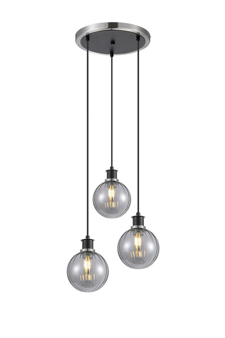Stevens 1.3m Round Pendant, 3 x E14 With 15cm Round Segment Glass Shade, Satin Nickel, Smoke Plated & Satin Black