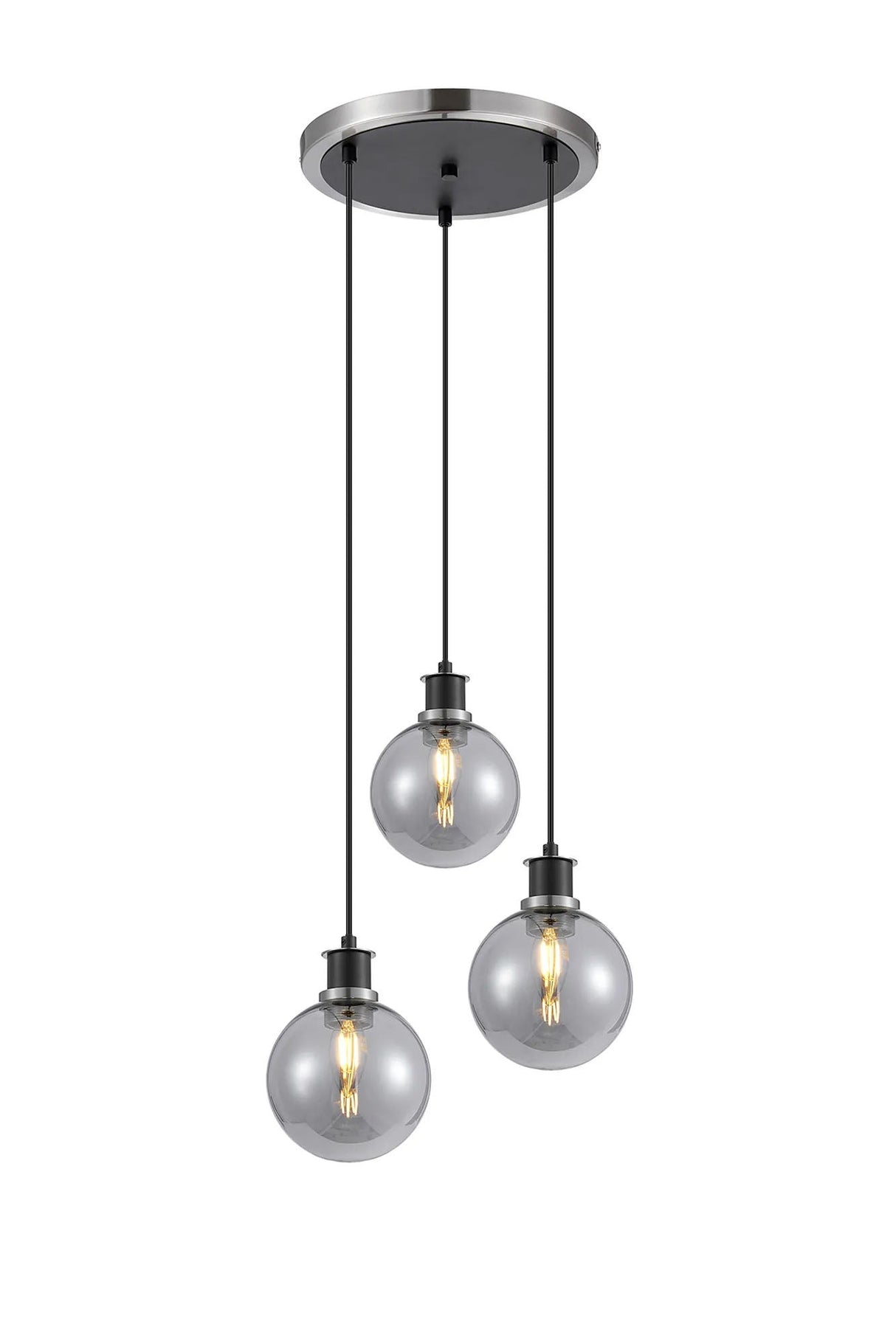 Stevens 1.3m Round Pendant, 3 x E14 With 15cm Round Glass Shade, Satin Nickel, Smoke Plated & Satin Black