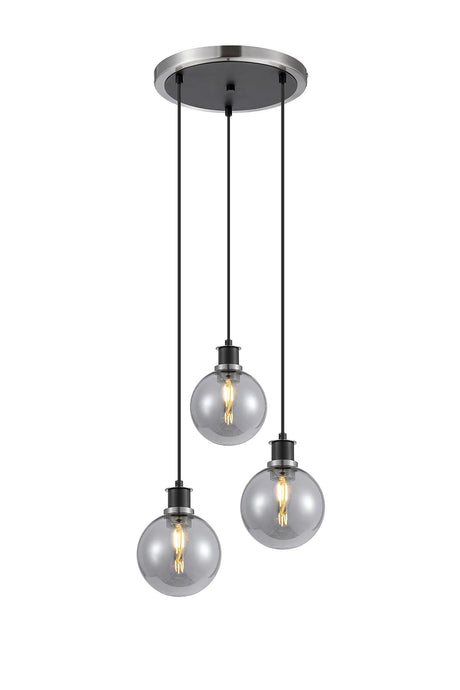 Stevens 1.3m Round Pendant, 3 x E14 With 15cm Round Glass Shade, Satin Nickel, Smoke Plated & Satin Black