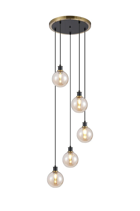 Stevens 1.8m Round Pendant, 5 x E14 With 15cm Round Glass Shade, Brass, Amber Plated & Satin Black