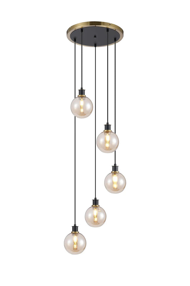 Stevens 1.8m Round Pendant, 5 x E14 With 15cm Round Glass Shade, Brass, Amber Plated & Satin Black