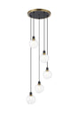 Stevens 1.8m Round Pendant, 5 x E14 With 15cm Round Glass Shade, Brass, Clear & Satin Black
