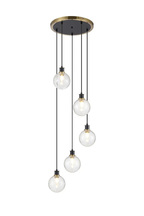 Stevens 1.8m Round Pendant, 5 x E14 With 15cm Round Crackled Glass Shade, Brass, Clear & Satin Black