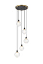 Stevens 1.8m Round Pendant, 5 x E14 With 15cm Round Dimpled Glass Shade, Brass, Clear & Satin Black