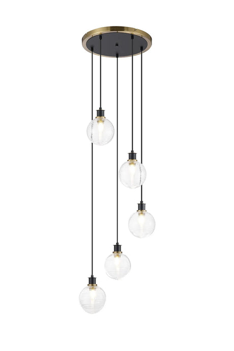 Stevens 1.8m Round Pendant, 5 x E14 With 15cm Round Ribbed Glass Shade, Brass, Clear & Satin Black