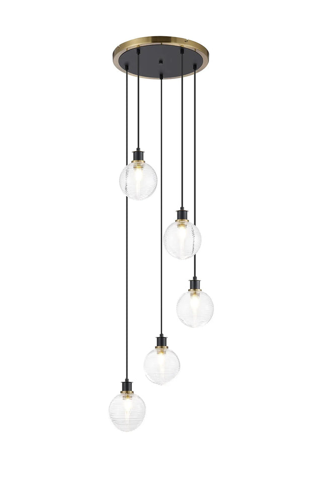 Stevens 1.8m Round Pendant, 5 x E14 With 15cm Round Ribbed Glass Shade, Brass, Clear & Satin Black