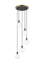 Stevens 1.8m Round Pendant, 5 x E14 With 15cm Round Ribbed Glass Shade, Brass, Clear & Satin Black
