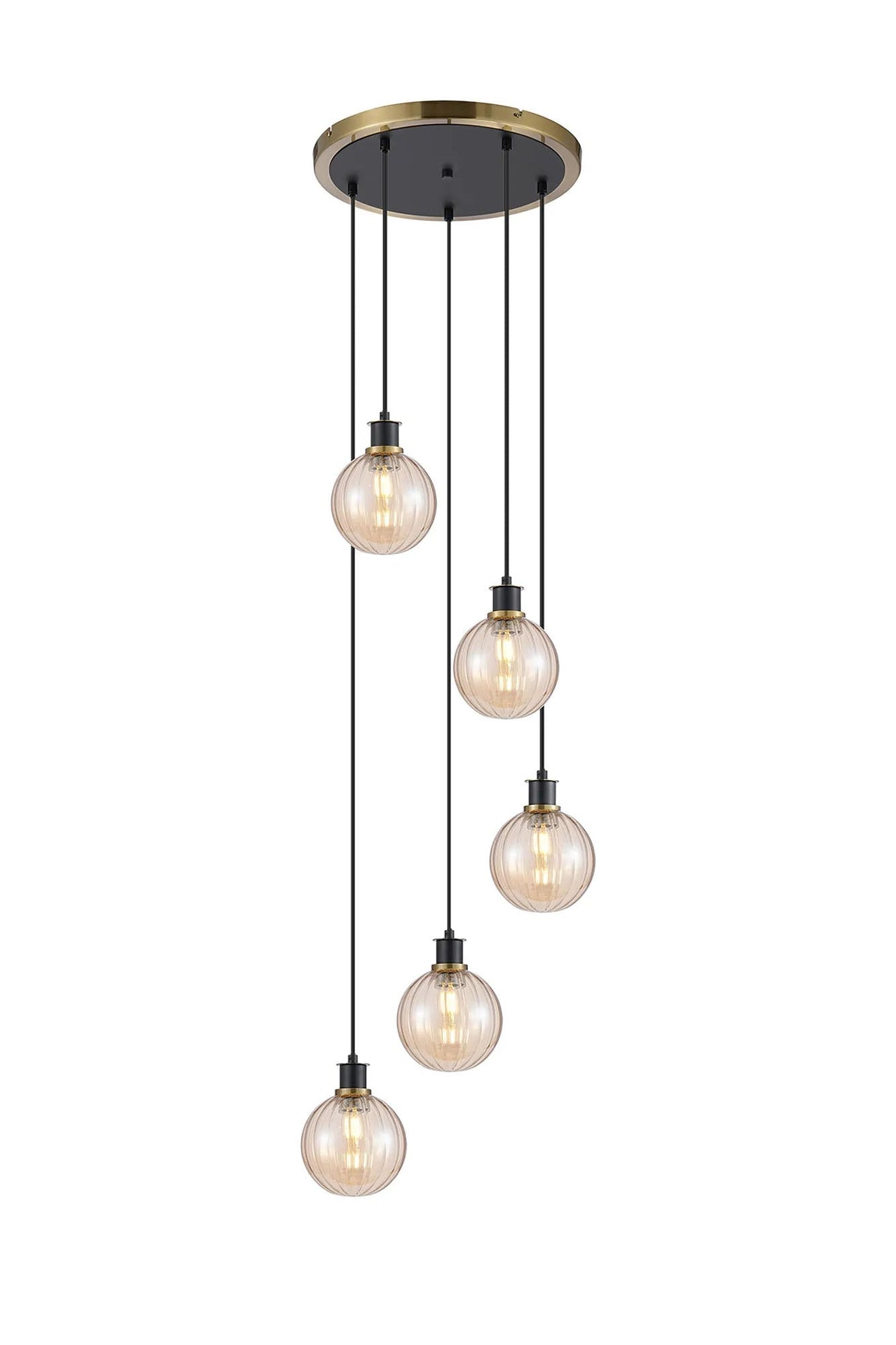 Stevens 1.8m Round Pendant, 5 x E14 With 15cm Round Segment Glass Shade, Brass, Amber Plated & Satin Black