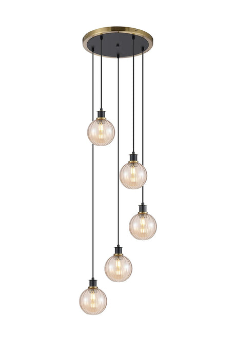 Stevens 1.8m Round Pendant, 5 x E14 With 15cm Round Segment Glass Shade, Brass, Amber Plated & Satin Black