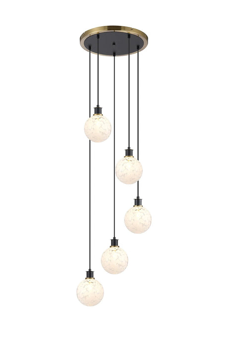 Stevens 1.8m Round Pendant, 5 x E14 With 15cm Round Speckled Glass Shade, Brass, White & Satin Black