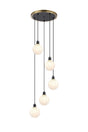 Stevens 1.8m Round Pendant, 5 x E14 With 15cm Round Speckled Glass Shade, Brass, White & Satin Black