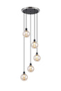 Stevens 1.8m Round Pendant, 5 x E14 With 15cm Round Glass Shade, Satin Nickel, Amber Plated & Satin Black