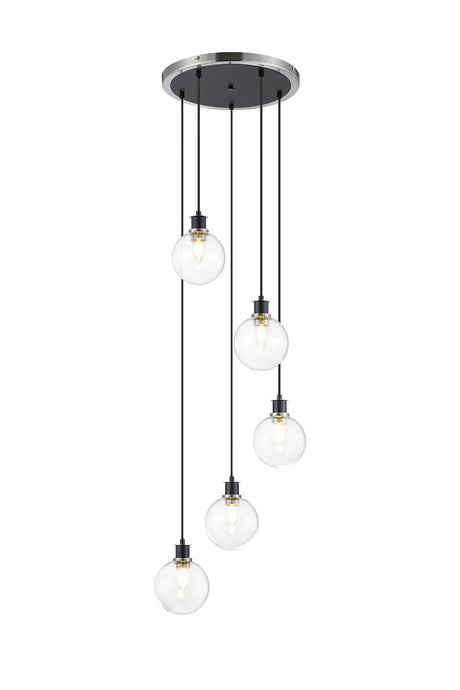 Stevens 1.8m Round Pendant, 5 x E14 With 15cm Round Glass Shade, Satin Nickel, Clear & Satin Black