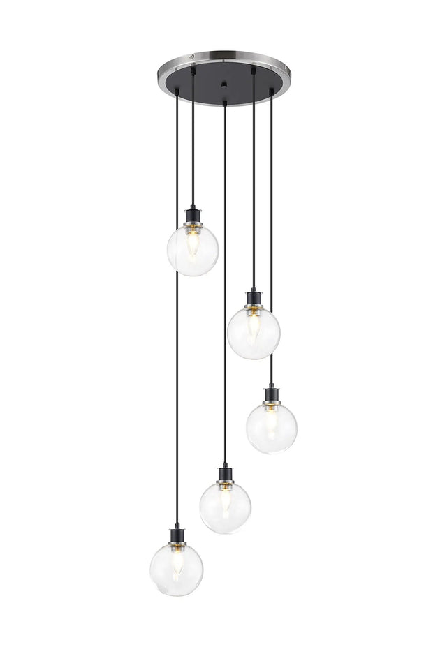 Stevens 1.8m Round Pendant, 5 x E14 With 15cm Round Glass Shade, Satin Nickel, Clear & Satin Black