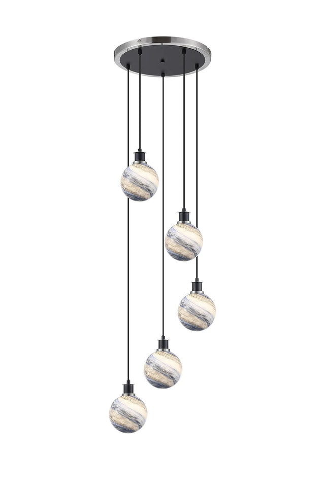 Stevens 48cm Round Pendant, 5 Light E14 With 15cm Round Dark Blue Marble Effect Glass Shade, Satin Nickel & Satin Black Framework