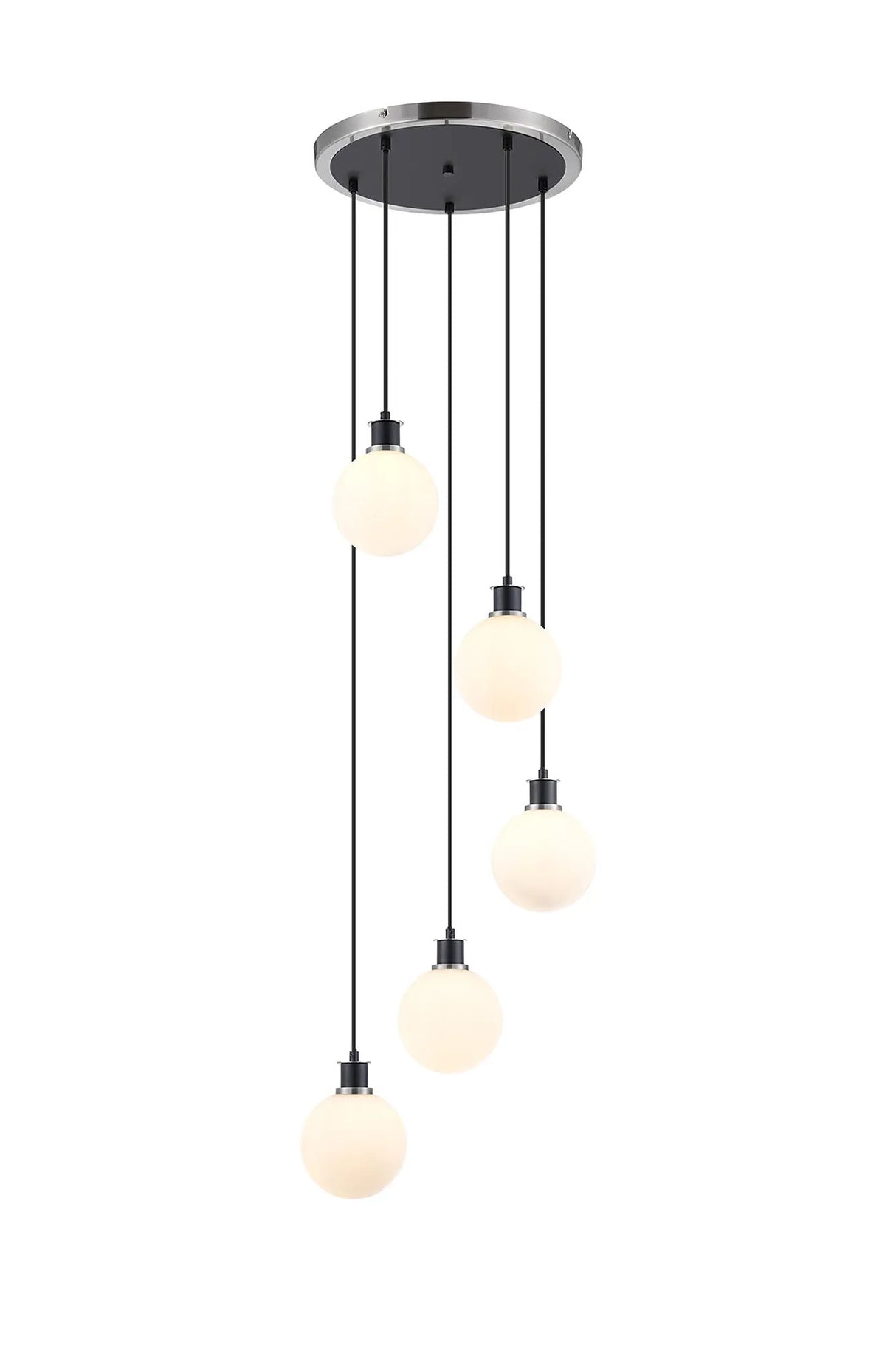 Stevens 1.8m Round Pendant, 5 x E14 With 15cm Round Glass Shade, Satin Nickel, Opal & Satin Black