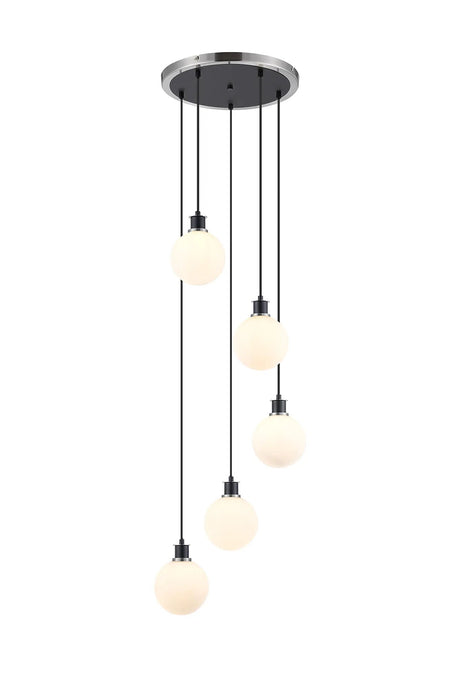 Stevens 1.8m Round Pendant, 5 x E14 With 15cm Round Glass Shade, Satin Nickel, Opal & Satin Black