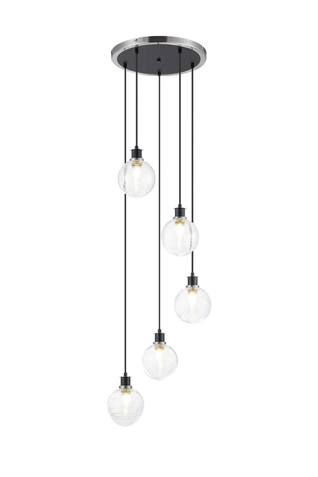 Stevens 1.8m Round Pendant, 5 x E14 With 15cm Round Ribbed Glass Shade, Satin Nickel, Clear & Satin Black