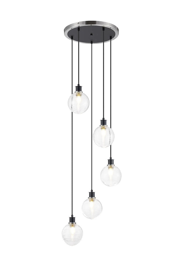 Stevens 1.8m Round Pendant, 5 x E14 With 15cm Round Ribbed Glass Shade, Satin Nickel, Clear & Satin Black