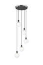 Stevens 1.8m Round Pendant, 5 x E14 With 15cm Round Ribbed Glass Shade, Satin Nickel, Clear & Satin Black