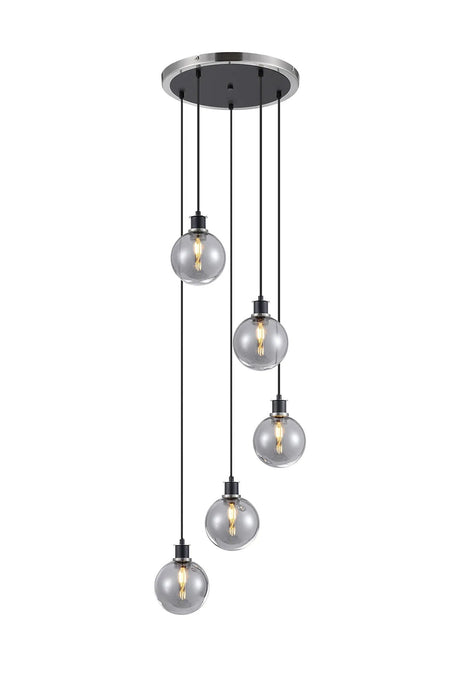 Stevens 1.8m Round Pendant, 5 x E14 With 15cm Round Glass Shade, Satin Nickel, Smoke Plated & Satin Black