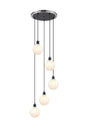 Stevens 1.8m Round Pendant, 5 x E14 With 15cm Round Speckled Glass Shade, Satin Nickel, White & Satin Black