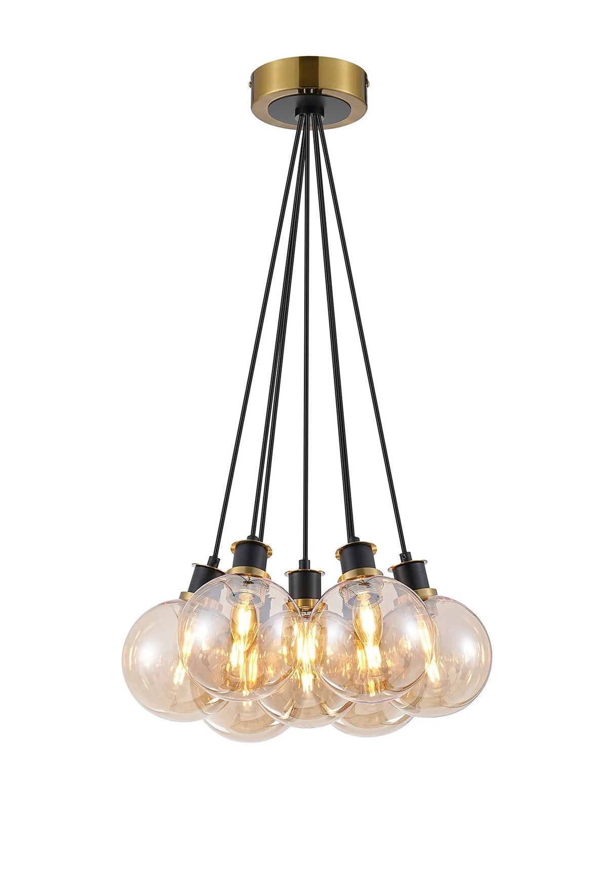 Stevens 1.3m Round Cluster Pendant, 7 x E14 With 15cm Round Glass Shade, Brass, Amber Plated & Satin Black