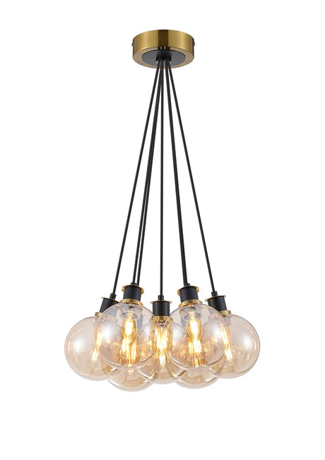 Stevens 1.3m Round Cluster Pendant, 7 x E14 With 15cm Round Glass Shade, Brass, Amber Plated & Satin Black